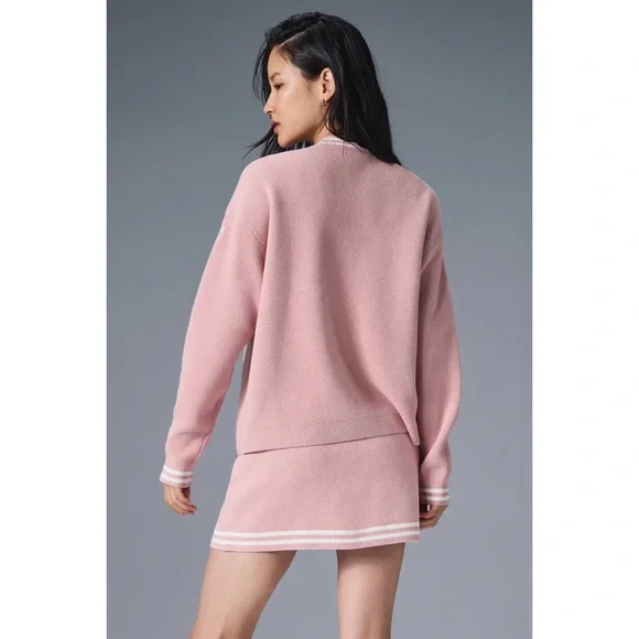 Alo Yoga Tennis Club Sweater Knit Cardigan Ballet Pink/White XS